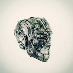 Wall Mural - Cyborg head with visible mechanical parts, 3d rendering