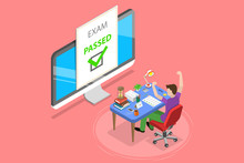 Isometric Flat Vector Concept Of Passed Online Exam, Questionnaire Form.