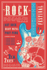 Rock festival design template. Electro guitar and skull. Modern musical print