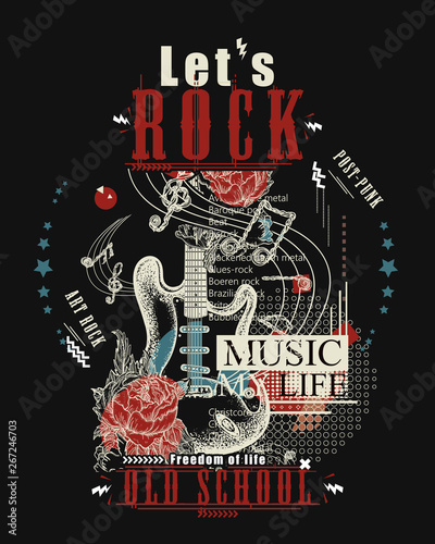 Obrazy Rock  druk-muzyki-rockowej-gitara-elektro-i-roze-slogan-let-39-s-rock-muzyczna-grafika-wektorowa-t-shirt