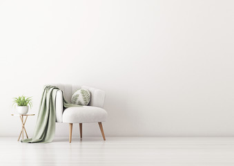 Aufkleber - Living room interior wall mockup with gray velvet armchair, round pillow with tropical pattern, green plaid, coffee table and plant on empty white wall background. 3D rendering, illustration.
