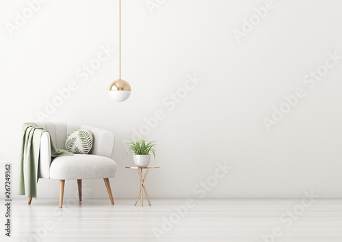 Living Room Interior Wall Mockup With Gray Velvet Armchair Round Pillow With Tropical Pattern Green Plaid Pendant Lamp And Plant On Empty White Wall Background 3d Rendering Illustration Stock Illustration Adobe
