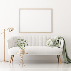 Aufkleber - Poster mockup with horizontal frame on empty white wall in living room interior with gray velvet sofa, round pillow with tropical pattern, green plaid, lamp and plant in basket. 3D rendering.