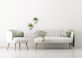 Poster - Living room interior wall mockup with gray velvet sofa and armchair, round pillow with tropical pattern, green plaid and plants on empty white wall background. 3D rendering, illustration.