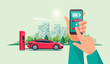 Modern vector illustration of autonomous smart electric car charging at charger station controlled via smartphone charging app. Hands holding phone with smart battery charge application. City skyline.
