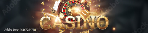 Fotomural Creative background, inscription casino, roulette, gambling dice, cards, casino chips on a dark background