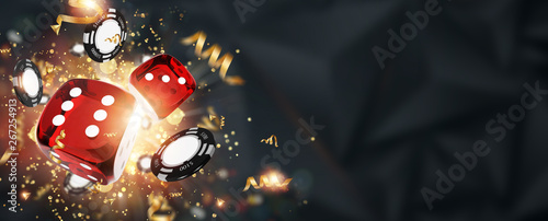 Fotografía Creative background, gaming dice, cards, casino chips on a dark background