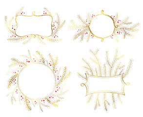 Sticker - Christmas tree golden decor frames for invitations. New year holiday vector.