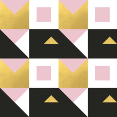 Poster - Festive triangle and square geometric shapes background. Abstract mosaic vector seamless pattern in pastel and golden colors. Christmas , new year, carnival, party, celebration wrapping paper concept.