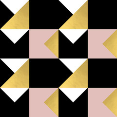 Poster - Festive triangle and square geometric shapes background. Abstract mosaic vector seamless pattern in pastel and golden colors. Christmas , new year, carnival, party, celebration wrapping paper concept.
