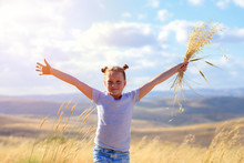 Happy Little Girl Walking In Golden Wheat, Holding Spikes Of Wheat And Ears Of Oats. Nature Beauty, Blue Sky, White Clouds And Field Of Wheat.