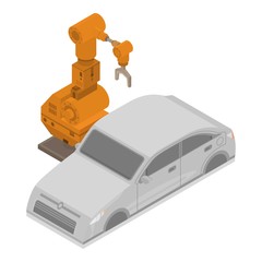 Poster - Car factory robot hand icon. Isometric of car factory robot hand vector icon for web design isolated on white background