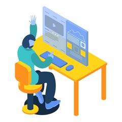 Poster - Man working on desktop computer icon. Isometric of man working on desktop computer vector icon for web design isolated on white background