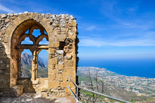 Medieval Ruins Of The St. Hilarion Castle Offering An Amazing View Over The Landscape Of Cypriot Kyrenia Region And Mediterranean. The Window Of The Castle Is A Popular View Point