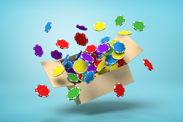 Poster - 3d rendering of cardboard box in air full of casino chips which are flying out and floating outside on blue background.