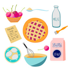 Berry pie recipe. Home cookin. Cooking recipe pie. Scetch and cartoon illustration. Ingredients: berry, butter, flour, egg, creme, etc. Kitchen recipe.