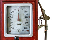 The Retro Analog Petrol Pump Dial Face With Nozzle. A Vintage Red Gas Oil Pump Isolated In White Background.