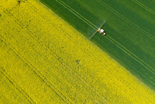 Aerial View Of Farming Tractor Plowing And Spraying On Field.  Agriculture. View From Above. Photo Captured With Drone.