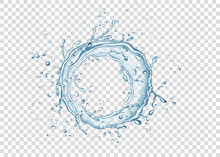 Blue Circle Water Splash And Drops Isolated On Transparent  Background.