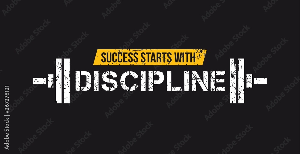 Success starts with discipline motivational gym quote with barbell and grunge effect. Sport motivation. Gym vector design template. - obrazy, fototapety, plakaty 