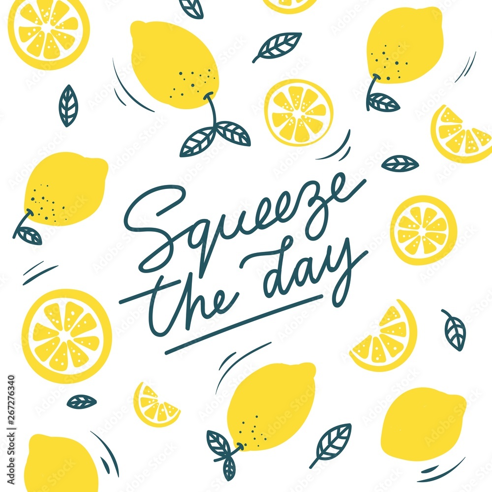 Squeeze the day inspirational card with doodles lemons, leaves isolated on white background. Colorful illustration for greeting cards or prints. Vector lemon illustration - obrazy, fototapety, plakaty 