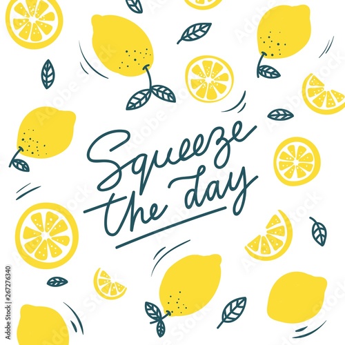Fotografía Squeeze the day inspirational card with doodles lemons, leaves isolated on white background