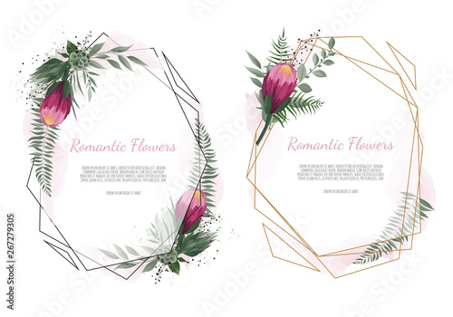 floral botanical card design with leaves with golden geometrical frame.