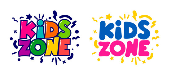 Kids zone cartoon logo. Set of design colorful bubble letters for children's playroom decoration. Flat design element. Vector illustration. Isolated on white background.