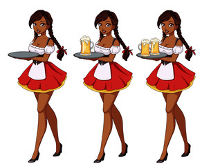 Wall Mural - Cartoon vector illustration with sexy brunette waitress wearing red traditional dress.