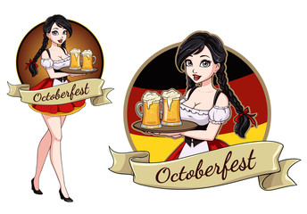 Pretty cartoon girl with beer, Oktoberfest logo design with space for text, invitation.