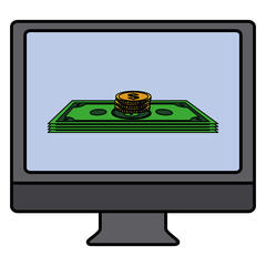 Canvas Print - desktop computer with coins and bills money