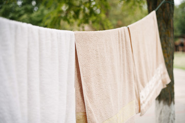 Photo of a towels on rope bound outside the trees