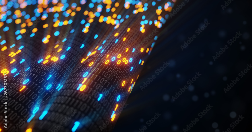Abstract blue and orange digital binary code matrix background with ...