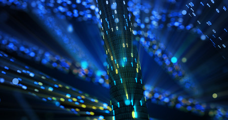 Poster - Futuristic data stream, Digital flow. Dynamic pattern with power rays and light.Data transferring. Information concept. Technology background. 3D rendering