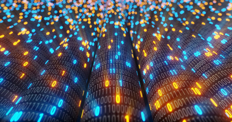 Abstract blue and orange digital binary code matrix background with flare. Futuristic Big data information technology, data center, block chain, server, internet, hi-speed. 3D rendering