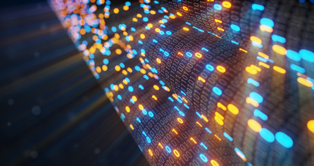 Aufkleber - Abstract blue and orange digital binary code matrix background with flare. Futuristic Big data information technology, data center, block chain, server, internet, hi-speed. 3D rendering