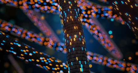 Aufkleber - Abstract blue and orange digital binary code matrix background with flare. Futuristic Big data information technology, data center, block chain, server, internet, hi-speed. 3D rendering