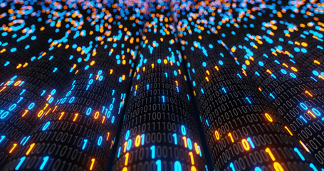 Aufkleber - Abstract blue and orange digital binary code matrix background with flare. Futuristic Big data information technology, data center, block chain, server, internet, hi-speed. 3D rendering