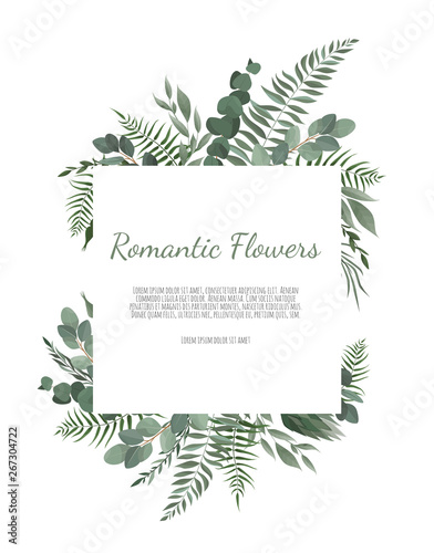 Floral wreath with green eucalyptus leaves, flower rose, anemone . Frame bord...
