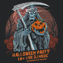 Grim Reaper Halloween Party Pumpkin Vector