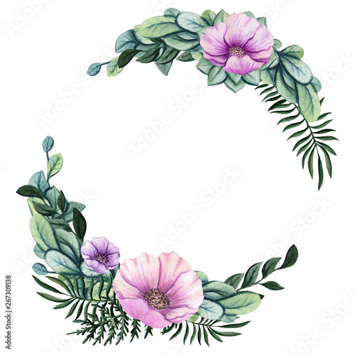 Wreath with Watercolor Ferns and Flowers