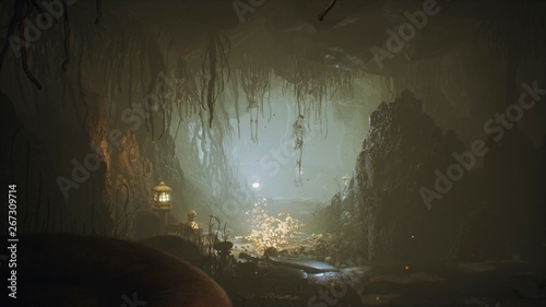 Fotografía Ancient huge fantasy cave filled with ancient mushrooms and magical fog with dust