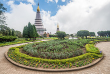 The Landscape Of Flower Garden And Iconic Twin Pagoda On Doi Inthanon The Highest Mountains In Chiang Mai Province Of Thailand. 
