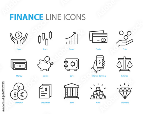 Fotomural set of finance icons, such as currency, money, coin, statement, balance, safe, b