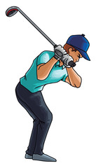 Golf player swings with a golf club, illustration, vector on white background.