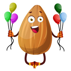 Almond holding colorful balloons, illustration, vector on white background.