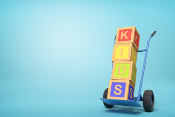 Poster - 3d rendering of colorful alphabet toy blocks showing 'PLAY' sign on a hand truck on blue background
