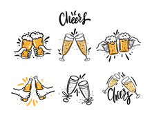 Cheers With Beer Glasses. Hand Drawn Vector Illustration Set. Cartoon Style. Isolated On White Background.