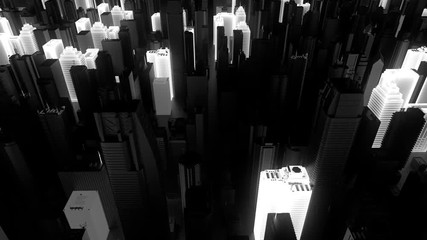 Poster - 3d render of abstract city with skyscrapers. Random buildings start to blink and glow. Loopable animation.