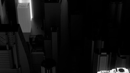 Poster - 3d render of abstract city with skyscrapers. Random buildings start to blink and glow. Loopable animation.
